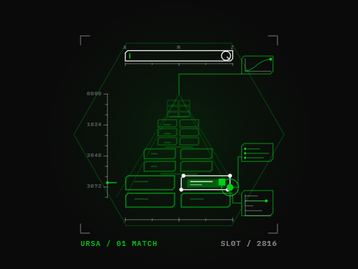 Search field above a pyramid of indexed slots, with the one matching slot lit green